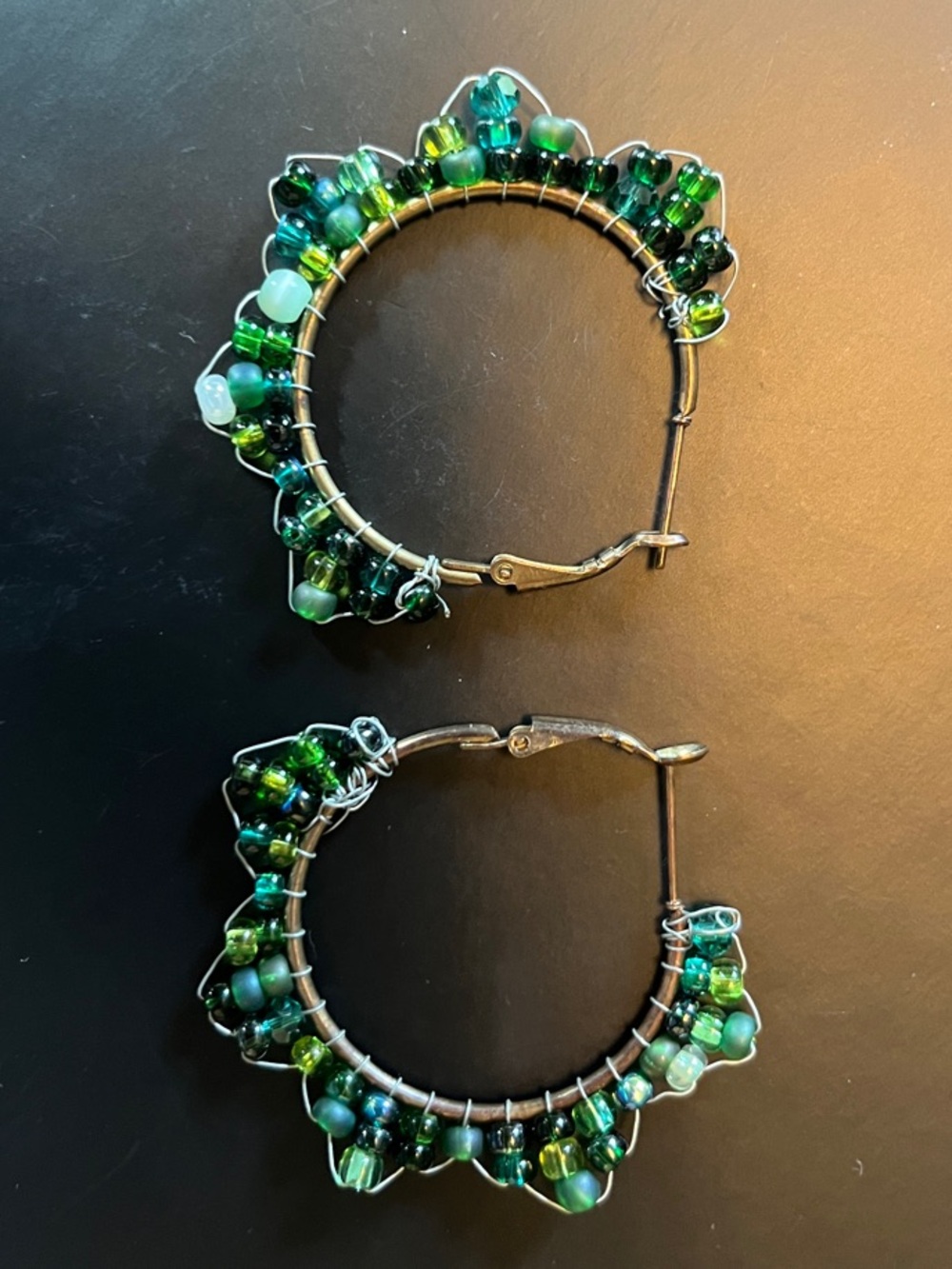 Green Beaded Hoop Earrings with Scalloped Edge